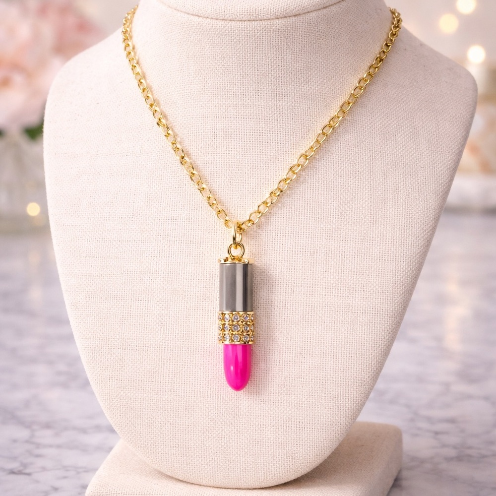 Kate Spade Lipstick Pendant Necklace Gold Tone Pink Statement NWOT